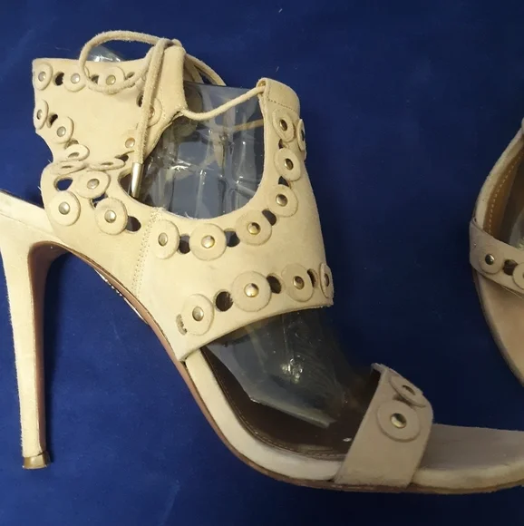 Authentic $384 Aquazzura open cut stud suede heels 7.5 - Picture 2 of 9
